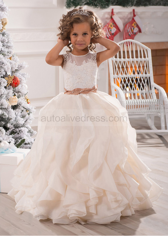 Ivory Lace Champagne Organza Ruffle Long Flower Girl Dress